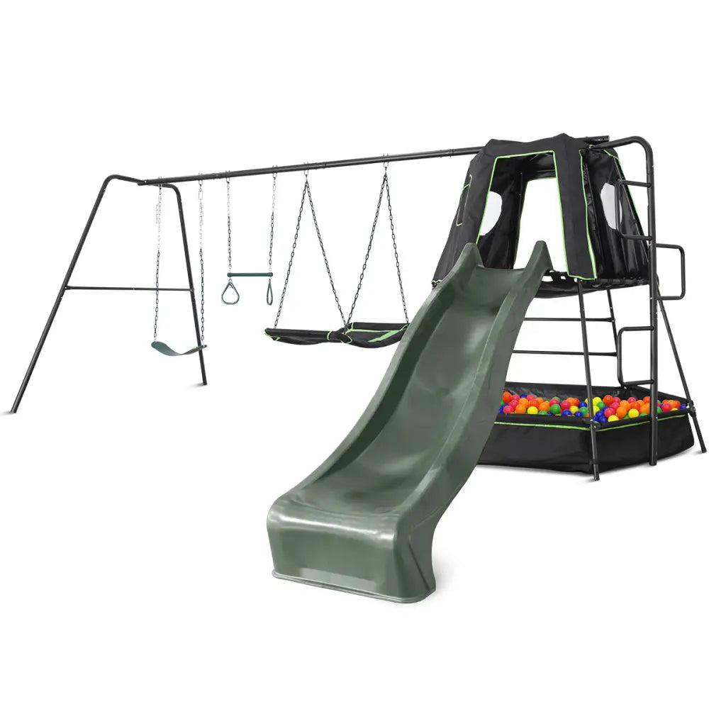 Lifespan kids pallas play tower with metal swing set - green or yellow slide, featuring a swing set, slide, and ball pit