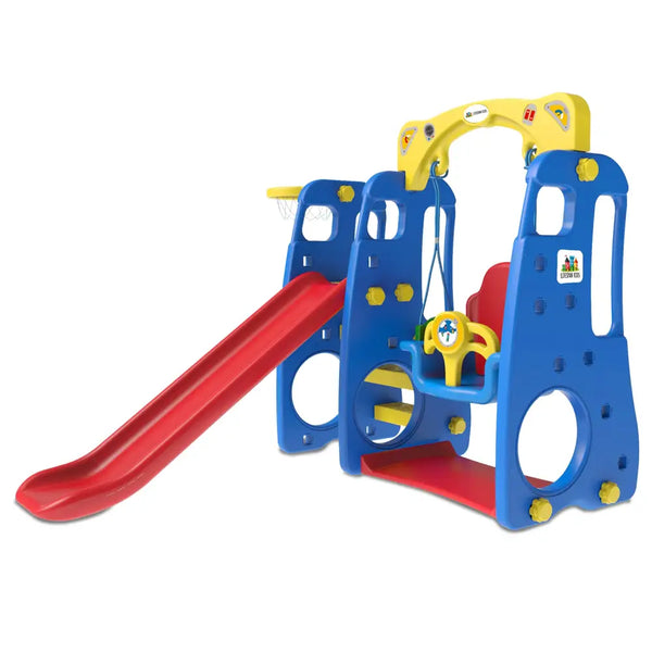 Lifespan kids ruby 4 in 1 slide and swing - blue & red, featuring a blue and yellow slide slider with a red slider