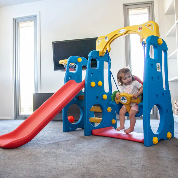 Lifespan kids ruby 4 in 1 slide and swing - blue & red with toddler playing on slide in play room