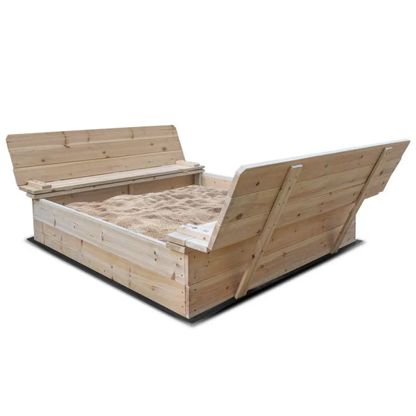 Wooden bed with mattress and frame in lifespan kids strongbox xl square sandpit