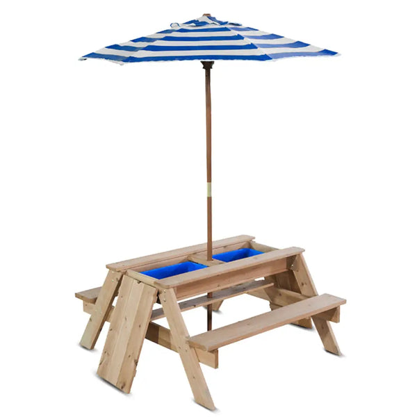 Lifespan kids sunrise sand & water table with umbrella - blue & white, wooden picnic table with umbrella