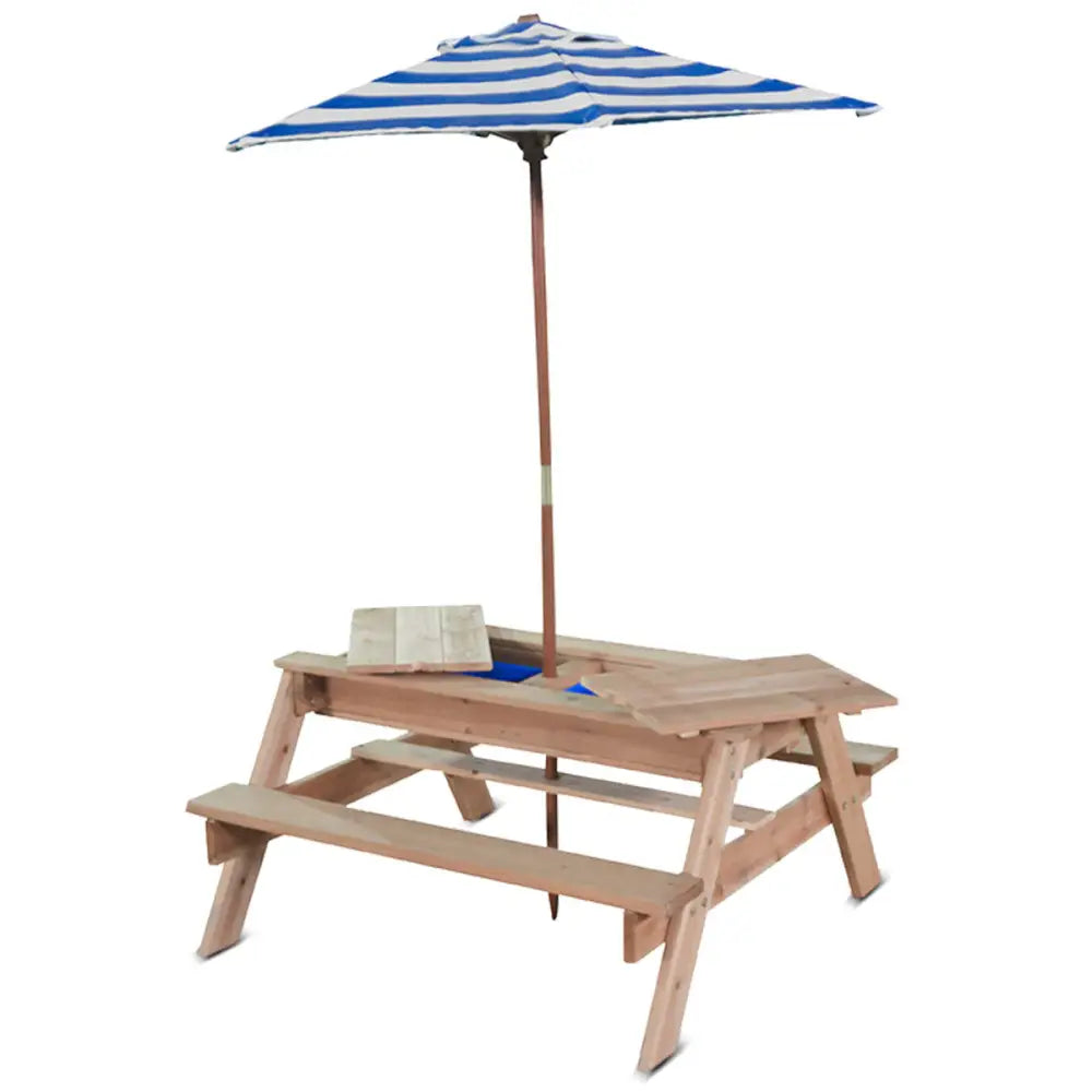 Lifespan kids sunrise sand & water table with umbrella in blue & white - wooden picnic table