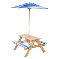 Wooden sunset picnic table with umbrella - lifespan kids sunset picnic table - blue & white