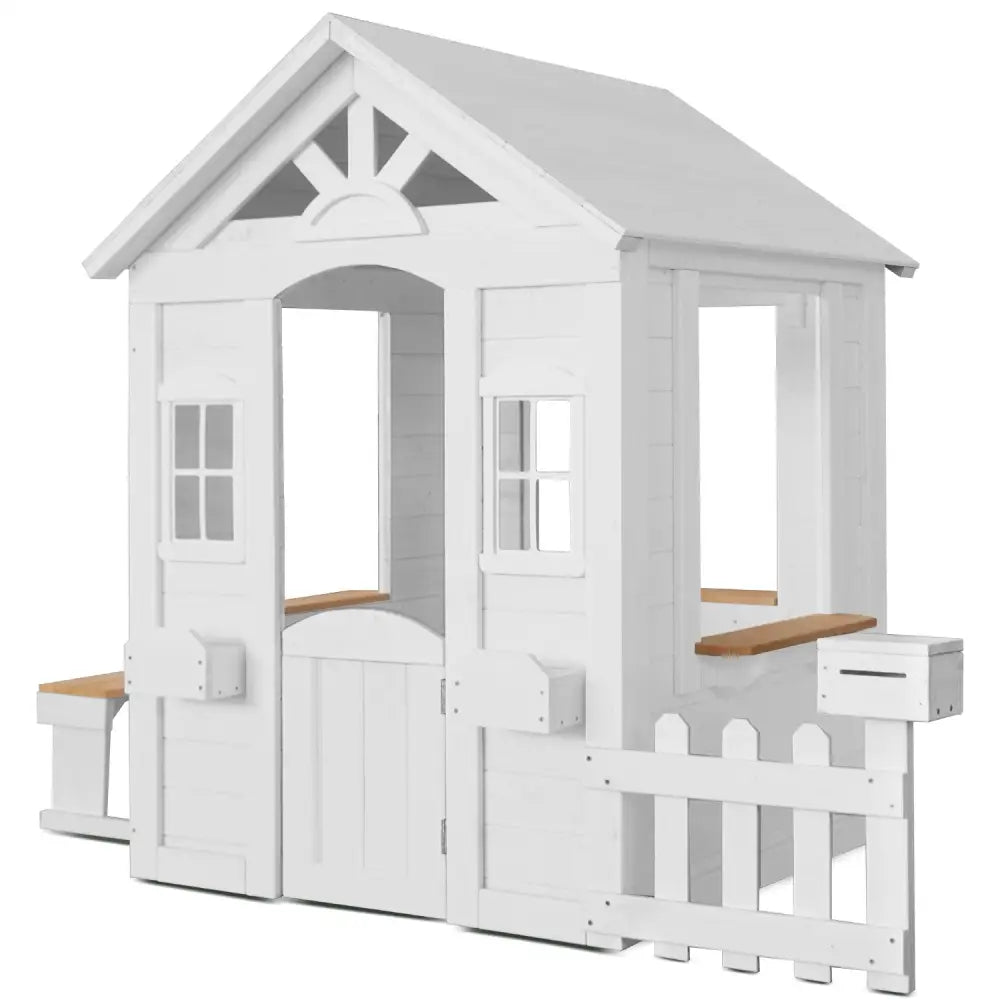 Lifespan kids teddy v2 cubby house with white roof and wooden deck, optional white picket fence