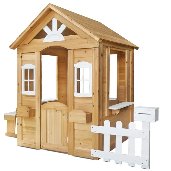 Wooden playhouse with white picket fence, lifespan kids teddy v2 cubby house - natural or white