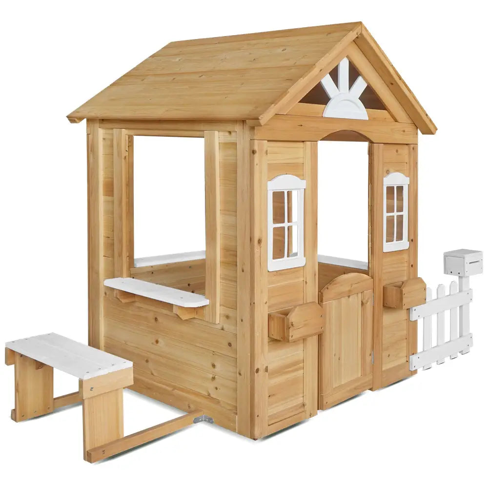 Wooden playhouse with bench and table, lifespan kids teddy v2 cubby house - natural or white