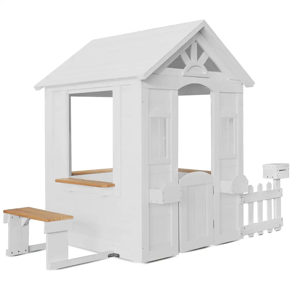 Lifespan kids teddy v2 cubby house with white roof and wooden deck, available in natural or white color option