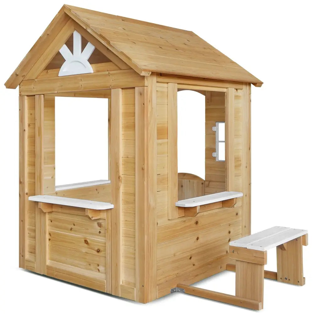 Wooden playhouse with bench and table in lifespan kids teddy v2 cubby house - natural or white