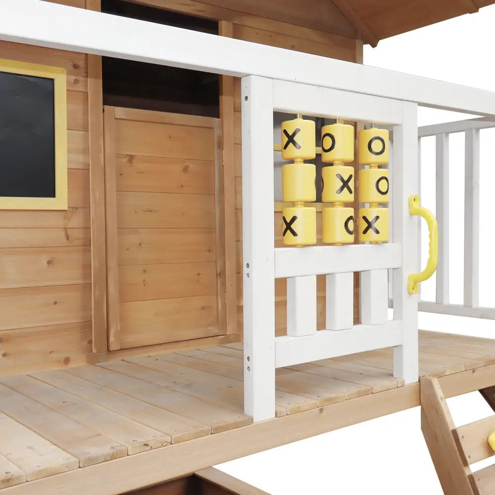 Wooden playhouse with yellow door and blackboard - lifespan kids warrigal cubby house