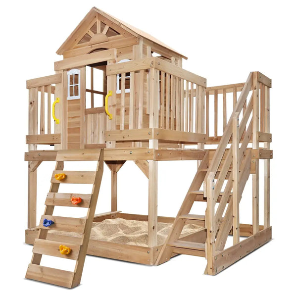 Lifespan kids wooden silverton cubby house with rock climbing wall and slide