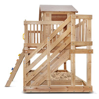 Wooden playhouse with stairs, slide, and rock climbing wall, lifespan kids silverton cubby house