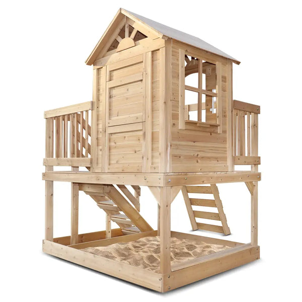 Wooden playhouse with stairs, roof, and rock climbing wall