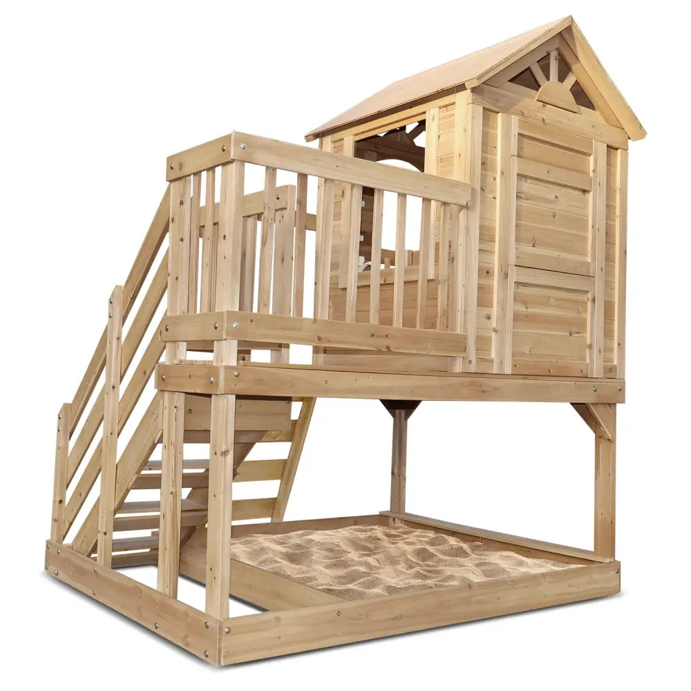 Wooden bunk with stairs and roof in lifespan kids wooden silverton cubby house featuring rock climbing wall