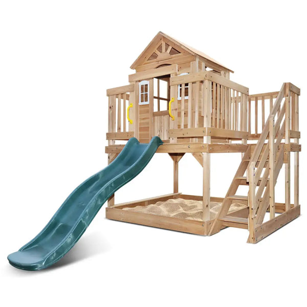 Lifespan kids wooden silverton cubby play centre with 1.8m slide, featuring sunburst windows and play kitchen