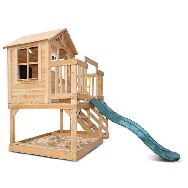 Lifespan kids wooden silverton cubby play centre with 1.8m slide featuring raised cubbyhouse and sunburst windows