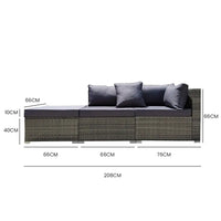 London rattan outdoor lounge sofa with ottoman in grey, showcasing dimensions