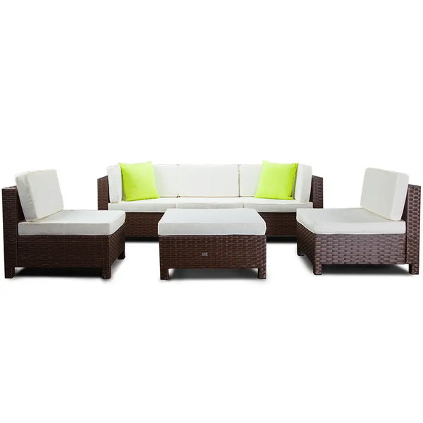 London rattan 6pc outdoor furniture setting - wicker lounge set with white cushions