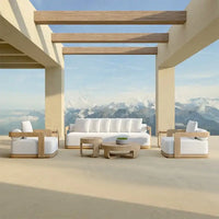 Luxury 4pc teak outdoor garden sofa set with plush cushions & tables - white natural 1