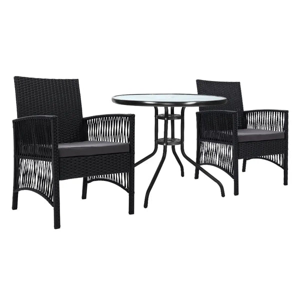 Black wicker bistro set with table, chairs, and cushions by gardeon outdoor