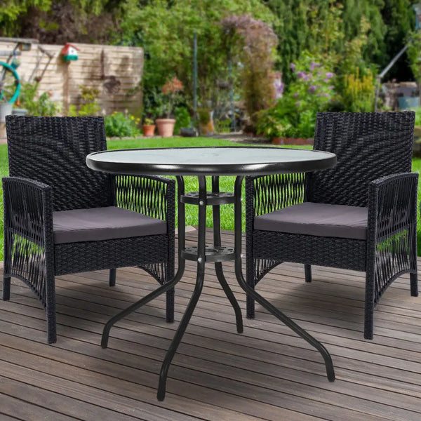 Black patio bistro set on wooden deck - gardeon outdoor rattan table chairs