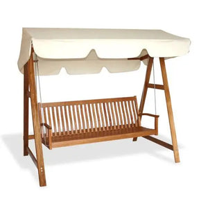 Wooden swing chair with white cover, part of maculata adult outdoor garden 3 seater swing