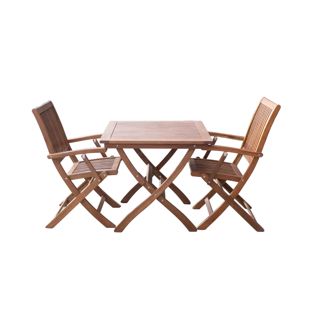 Maculata folding table and 2 armchairs patio set - spotted gum - 3 piece patio setting featuring wooden table and chairs