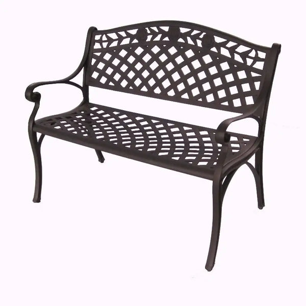 Melissa cast aluminium bench in dark bronze with lattice design