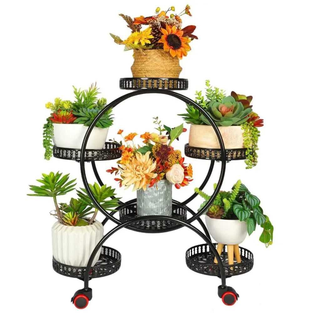 Noveden 4 layer 6 pots flower holder plant stand with 4-wheel - black - visually appealing black metal plant stand with flower pot basket