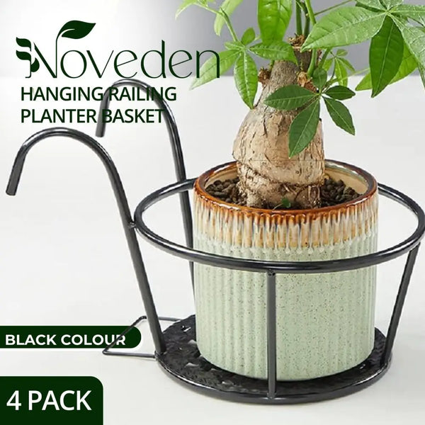 Noveden 4 pack hanging railing flower pot holder - black with plant