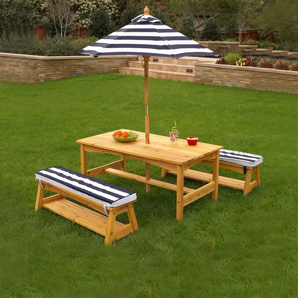 Outdoor kids bench set with cushions & umbrella in navy for backyard picnic table setting