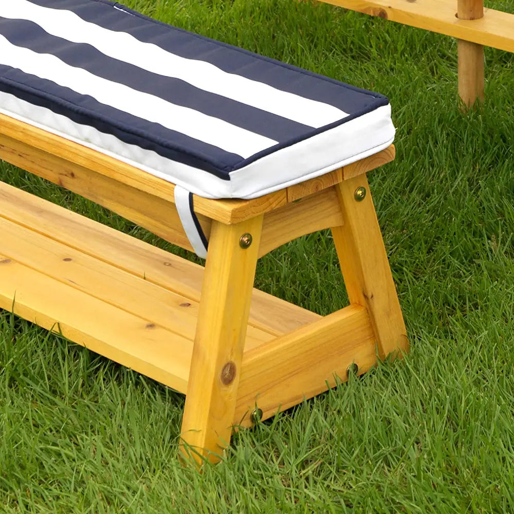 Kids outdoor bench set with striped cushions, navy color