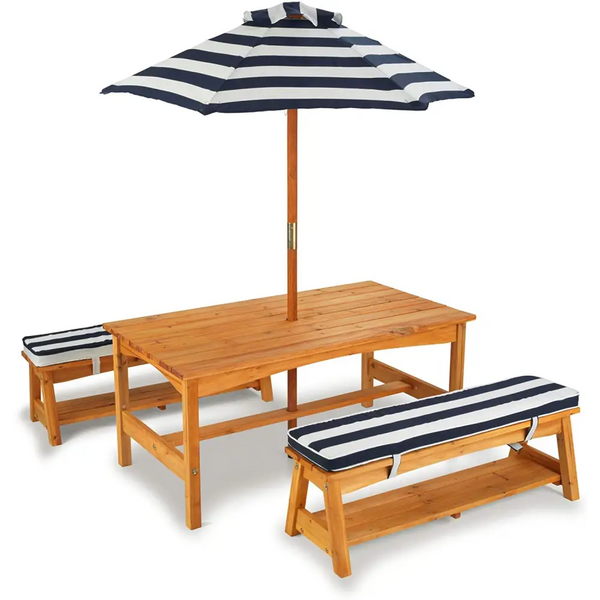 Outdoor kids table & bench set with cushions & umbrella (navy) - wooden picnic table with umbrella