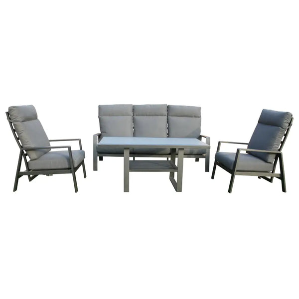 Patio furniture set with sofa, chair, and coffee table for outdoor seating and dining purposes in grey color