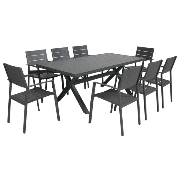 Percy 9pc outdoor trestle dining table chair set - grey