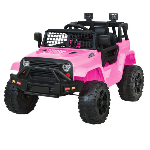 Kids pink jeep toy car with black wheels, pink tires, seat belt, and remote control - rigo 12v electric ride on car