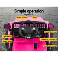 Pink toy car with steering wheel and remote control depicted in rigo kids electric ride on car jeep toy car