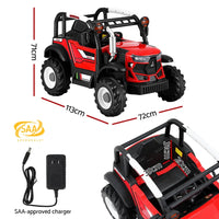 Red toy tractor with charger, remote control, and seat belt - rigo kids electric ride on car off road jeep 12v