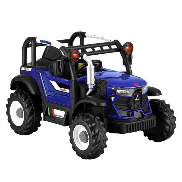 Blue toy tractor with black and white stripe on rigo kids electric ride on car off road jeep with remote control