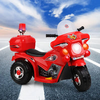 Red rigo kids electric police motorcycle on road with acceleration pedal