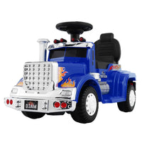 Blue toy truck with flames design, rigo kids electric ride on truck 6v - interactive entertaining features