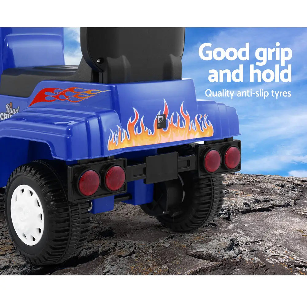Blue toy car with flames design, rigo kids electric ride on truck 6v - built-in music and flashing lights