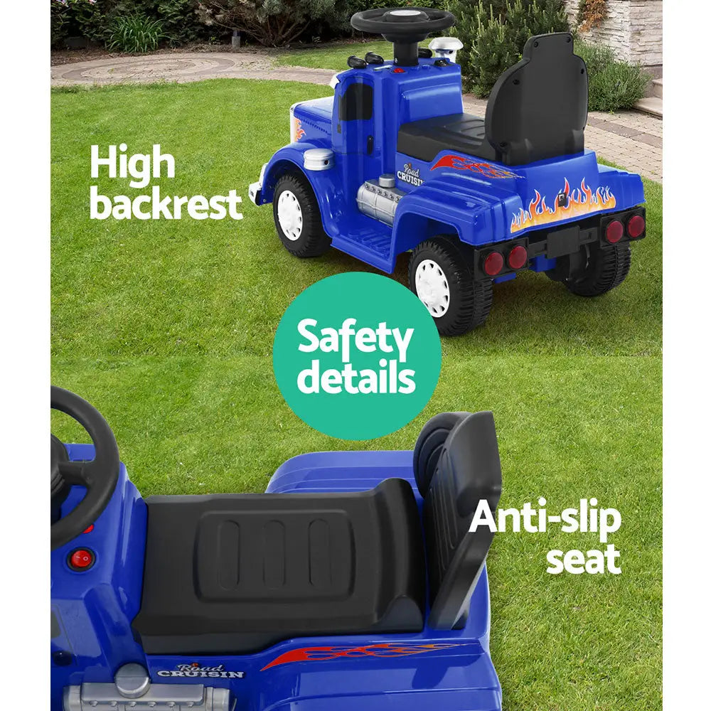 Blue electric ride-on truck with safety details, built-in music, and flashing lights
