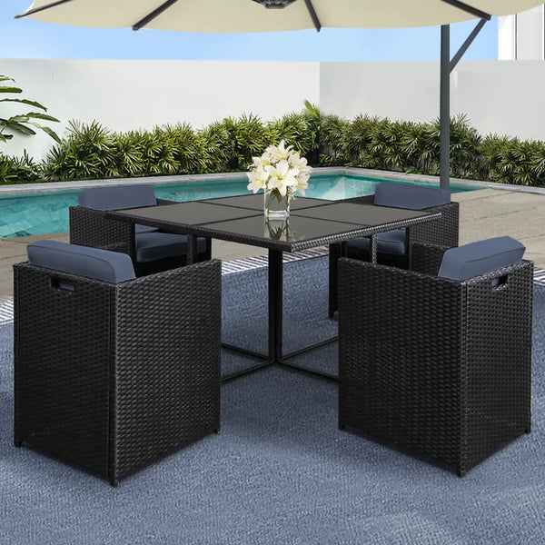 Rio gardeon 5pc outdoor dining set with powder coated steel frame, water-resistant covers - black