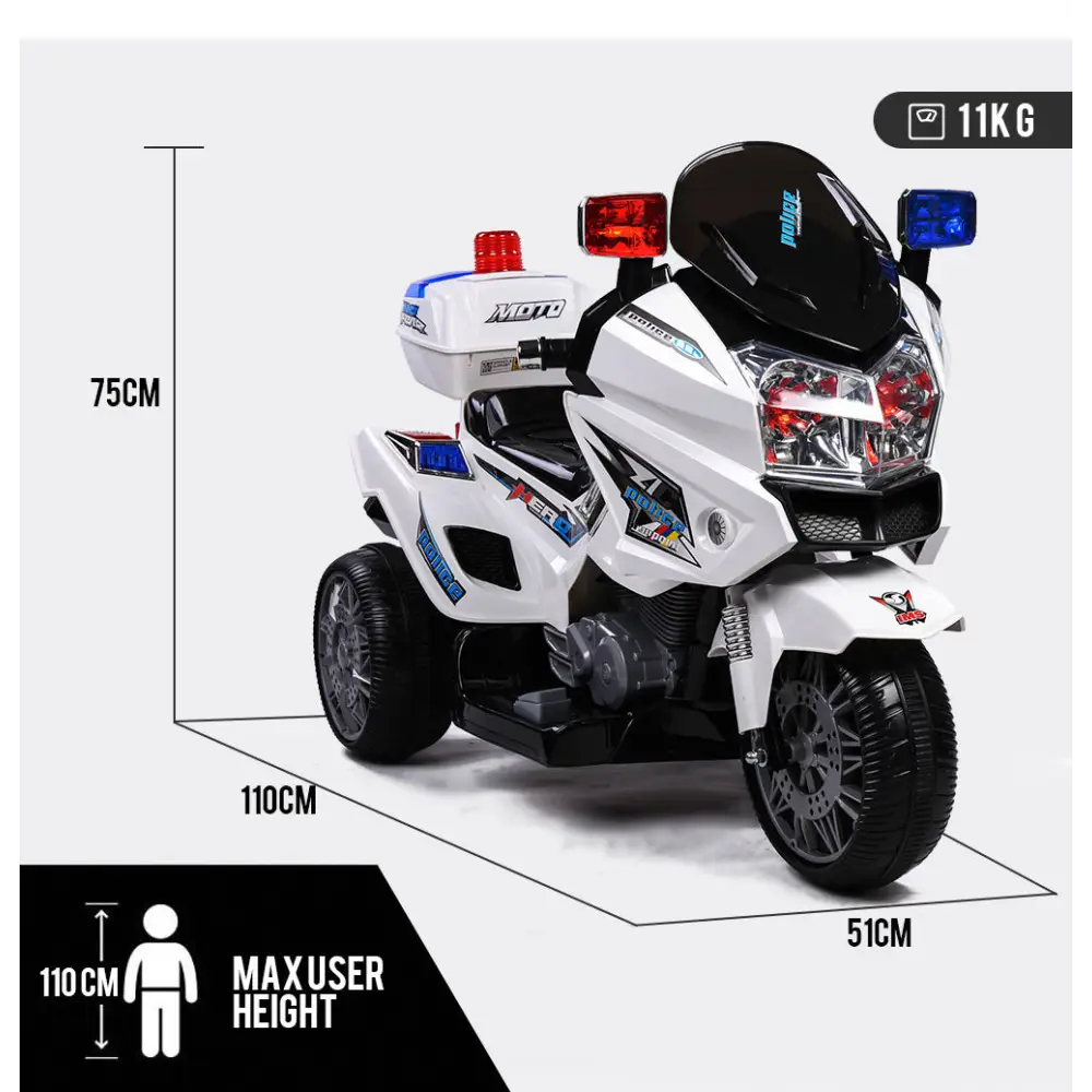 Rovo kids electric ride-on motorcycle police patrol toy trike - white, quality kids ride-on with police helmet