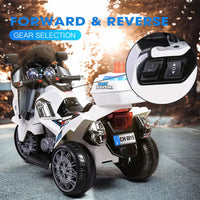 Rovo kids electric ride-on motorcycle police patrol toy trike - white with helmet