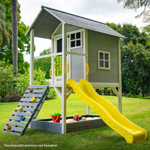 Rovo kids wooden tower cubby house - grey: close up of wooden playhouse with slide and play house