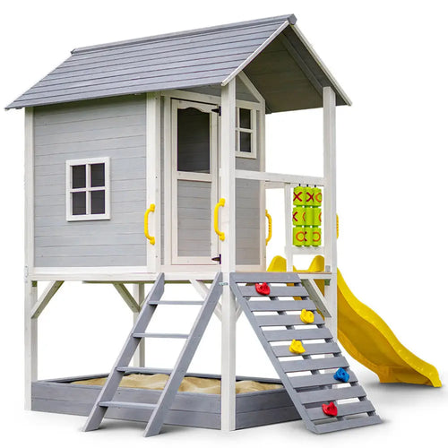 Rovo kids wooden tower cubby house with slide - grey