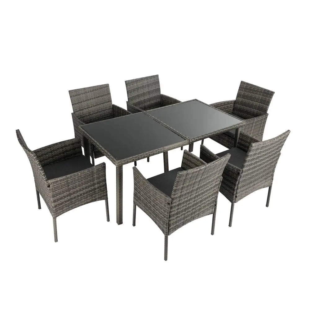 Outdoor dining set with table and chairs, hand woven wicker, rural style 6 seater