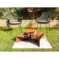 Rustic steel fire pit with fire, poker, and wooden handle, 70cm square