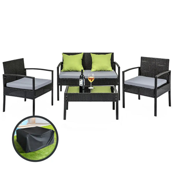 Saipan 4 piece outdoor patio furniture set with tempered glass table and lime green chairs, including storage cover